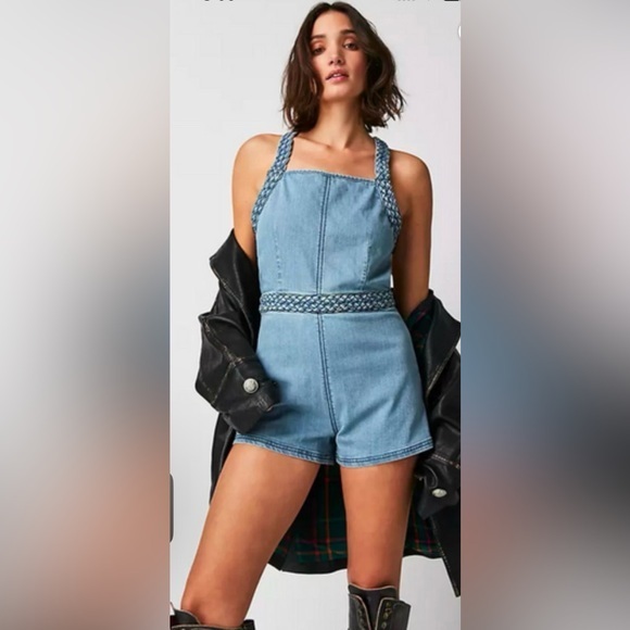 Free People Pants - Free People Revolve Karina Denim Shorts Open Back Romper, NWT, Size XL